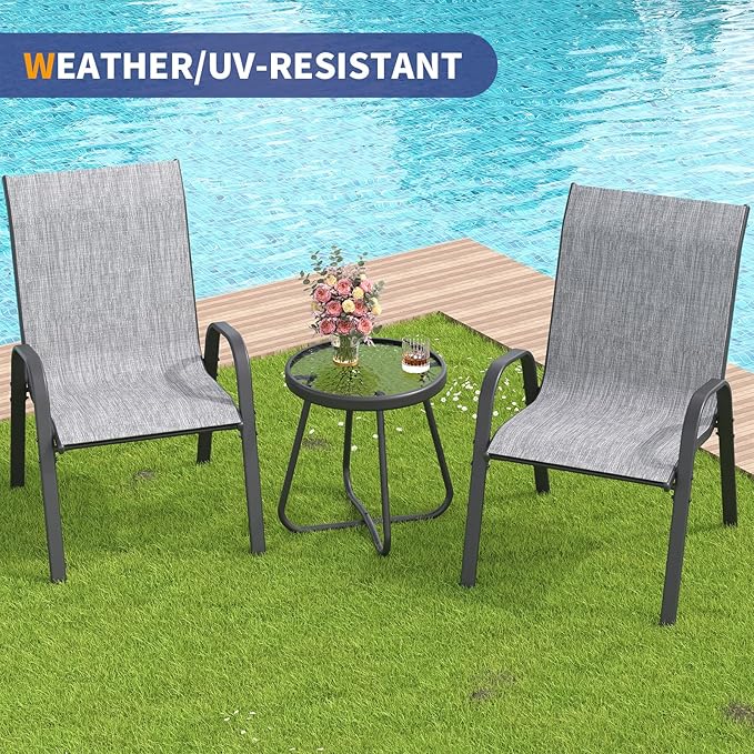 Amopatio 3 Piece Patio Set, Outdoor Stackable Dinging Chairs for All Weather, Breathable Garden Outdoor Furniture for Backyard Deck, Light Grey