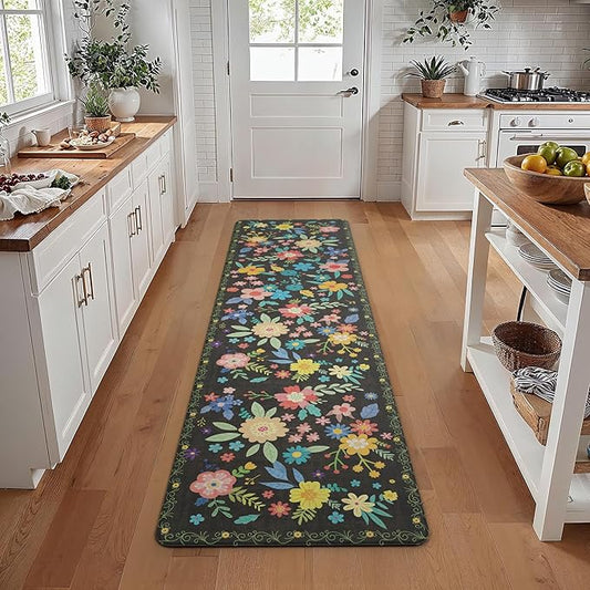 GENIMO Kitchen Mats for Floor, Cushioned Kitchen Rugs Non Slip Washable, Farmhouse Anti Fatigue Mat Waterproof, Comfort Standing Mat Rug for Office, Home, Sink, Laundry, Garage, 17.3"x70", Black