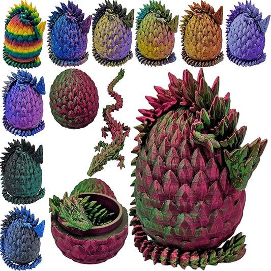 3D Printed Dragon Egg Articulating Gemstone Dragon Fidget Figurine - Vibrant Color Dragons Flexible ADHD, Autism and Anxiety Relief - Articulated Joints (Green/Red)