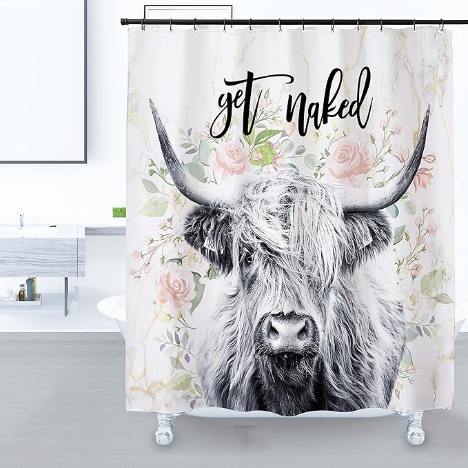 Domoku Highland Cow Shower Curtain Get Naked Shower Curtain Funny Cute Farmhouse Bull Floral Bathroom Curtain Polyester Fabric Waterproof with 12Hooks,72x72 inc