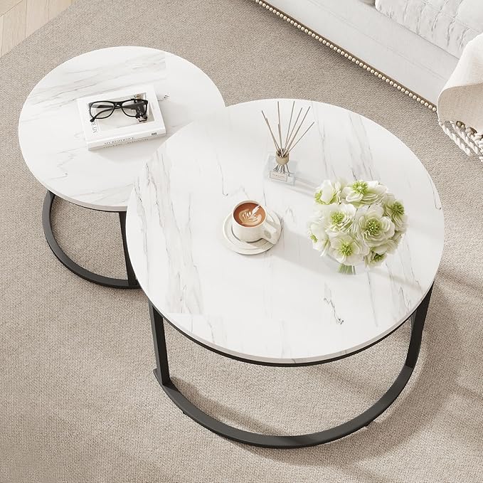 Round Nesting Coffee Table Set of 2, Black and White Faux Marble Top & Steel Frame, Modern Side End Tables for Living Room, Space Saving Accent Cocktail Table
