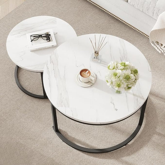 Round Nesting Coffee Table Set of 2, Black and White Faux Marble Top & Steel Frame, Modern Side End Tables for Living Room, Space Saving Accent Cocktail Table