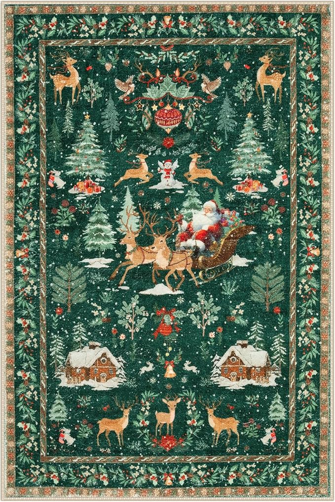 Lahome Indoor Christmas Rug 2x3 Small Kitchen Bathroom Rugs for Entryway,Washable Soft Non-Slip Christmas Tree Santa Claus Area Rug,Door Mat for Winter Living Room Bedroom Holiday Decor(2x3,Green)