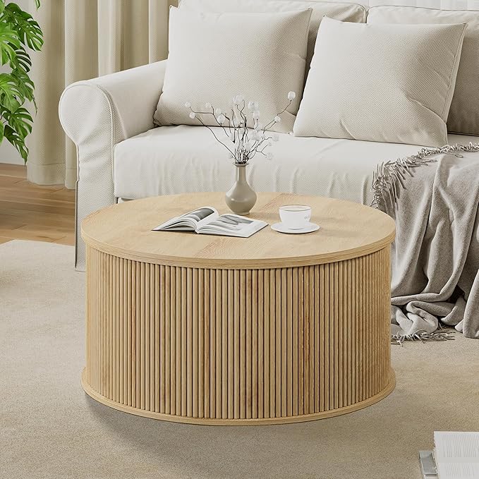 Lift Top Coffee Table, Fluted Round Coffee Table with Storage, Farmhouse Center Dining Table Circle Table for Living Room, Apartment, Home Office (Natural)