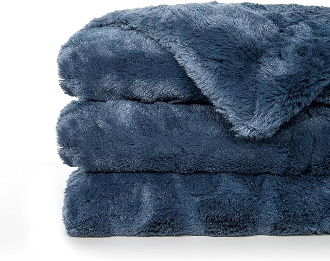 TOONOW Faux Fur Luxury Throw Blanket,Double Side Soft Fluffy Shaggy Fuzzy Blanket for Couch Sofa Bed (Navy, Throw)