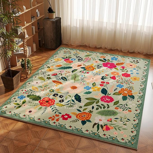 Rugcomf Area Rug 4x6 Rug Washable Boho Rugs Non Slip Low Pile Floral Small Carpet for Bedroom, Bedside, Kids Room, Office, Dining Room(Green)