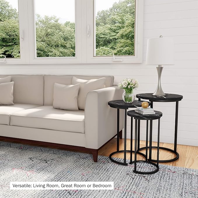 Lavish Home Nesting Tables - Set of 3 Round Side Tables for Living Room, Bedroom, or Home Office - Faux Marble End Table Set - Modern Living Room Furniture (Black)