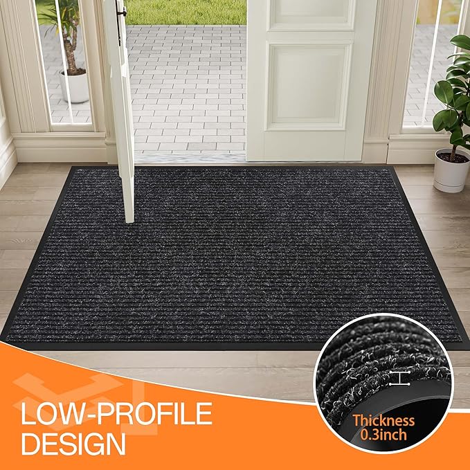 Indoor Outdoor Door Mat, 4' x 3' Doormat for Entryway, Rubber Backing Non Slip Front Door Mat Outside Entrance, Super Absorbent Commercial Floor Mat for Home Office, Black