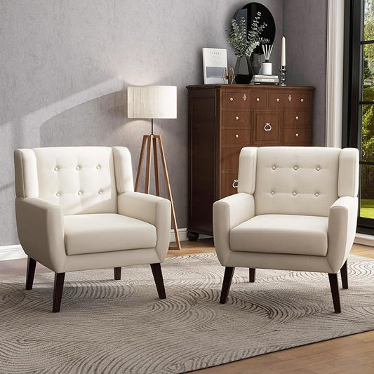 UIXE Accent Chairs Set of 2, Modern Upholstered Arm Chair Mid-Century Club Armchair Comfy Single Lounge Sofa, Button Tufted Living Room Reading Seat Bedroom Side Sitting, White