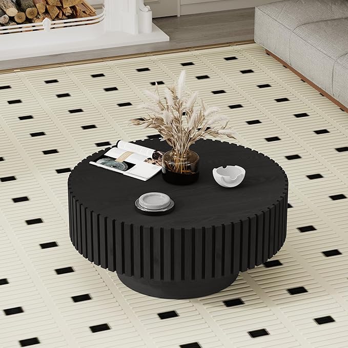 Modern Wood Round Coffee Table - Handcraft Drum Coffee Tables with Sturdy Base, Easy Assembly, Contemporary Style Small Coffee Table Tea Table for Living Room, Bedroom, Office (Black Round)
