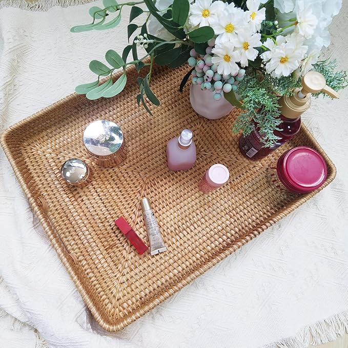 i-lan 20 Inch Handmade Rectangular Countertop Serving Trays with Cutout Handles,Rustic Decorative Rattan Woven Platter Holding Breakfast,Fruits,All Dish and Table Accessories.