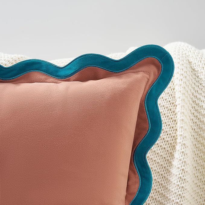 MONDAY MOOSE Decorative Throw Pillow Covers Cushion Cases, Set of 2 Soft Velvet Scalloped Wavy Edge Designs, Mix and Match for Home Decor, Pillow Inserts Not Included (Teal/Pink, 18x18 inch)