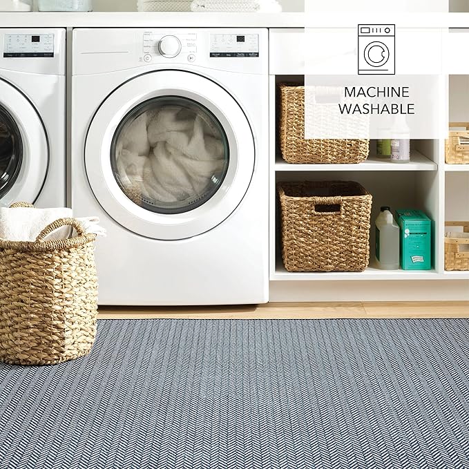 Dash and Albert Herringbone Machine Washable Area Rug - 4' x 6' Navy - Geometric Accent Rug - Anti-Slip Backing, Lightweight, Machine Washable, High Traffic Areas Kitchen, Mudroom, Laundry Room