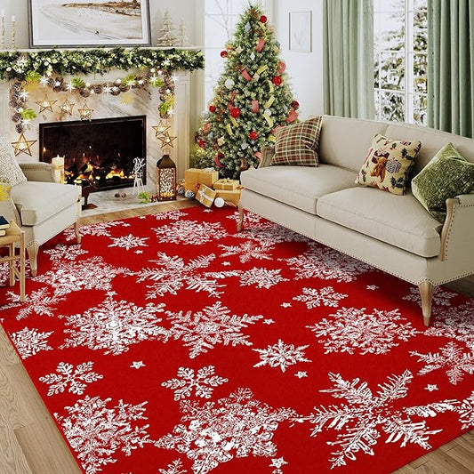 Christmas Red Area Rug 5x7 Washable Living Room Carpet Snowflake Holiday Decor Doormat Non Slip Soft Throw Rug Low Pile Decorative Xmas Bedroom Dining Room Office Bathroom Kitchen