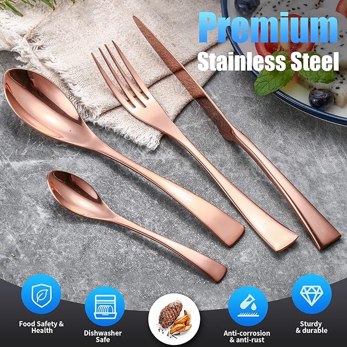 Lemeya 24-Piece Rose Gold Silverware Set for 6,18/10 Stainless Steel Cutlery Set with Forged Stand Knife,Modern Flatware Utensils Set,Forks Spoons and Knives Set,Mirror Polished,Dishwasher Safe