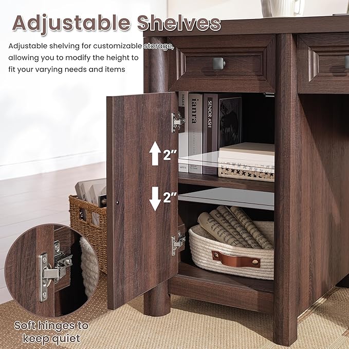 Farmhouse Computer Desk with 5 Drawers and Cabinet, 58” Executive Desk, Wood Home Office Desk with Ajustable Shelf, Rustic Writing Table with Knobs, Workspace for Study Room, Walnut