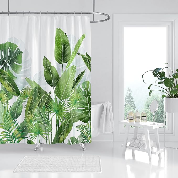 Domoku Tropical Green Leaves Shower Curtain Nature Plant Floral Bathroom Curtain Polyester Fabric with 12Hooks (72 * 72inch/180cm*180cm)