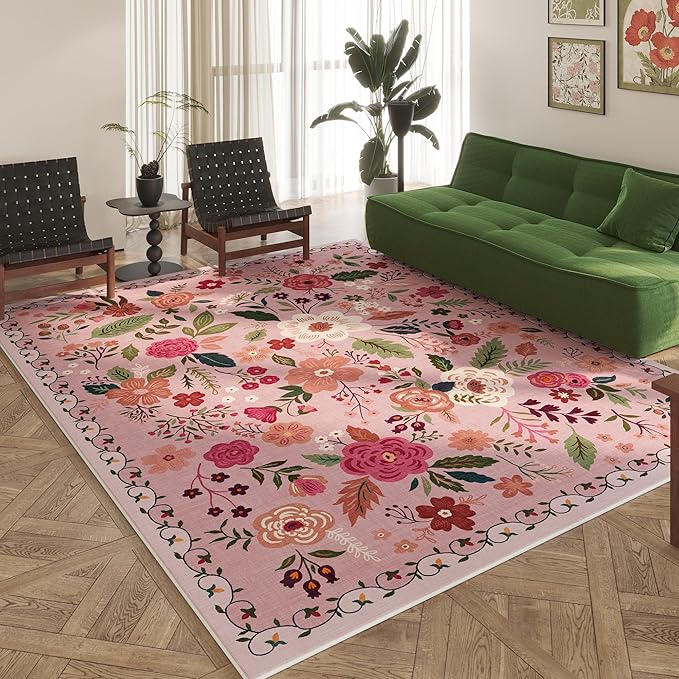 Rugcomf Living Room Rug 6x9 Machine Washable Boho Area Rug Non Slip Floral Vintage Low Pile Large Carpet for Bedroom, Farmhouse, Dining Room, Kids Playroom(Pink)