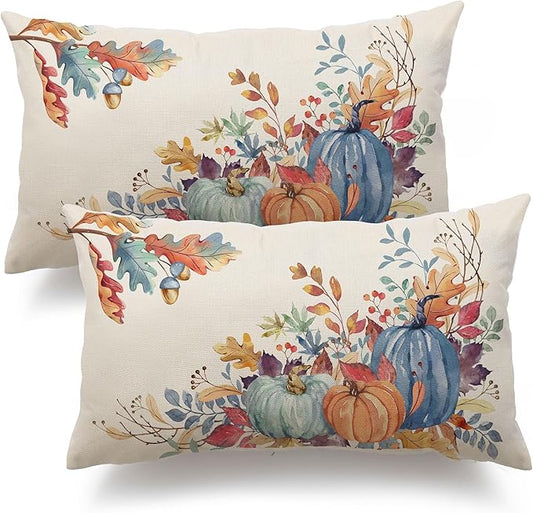 DFXSZ Fall Pillow Covers 12x20 inch Set of 2 Blue and Green Watercolor Pumpkin Fallen Leaves Decorative Throw Pillow Covers Autumn Thanksgiving Farmhouse Decoration for Home Couch TH27-E12