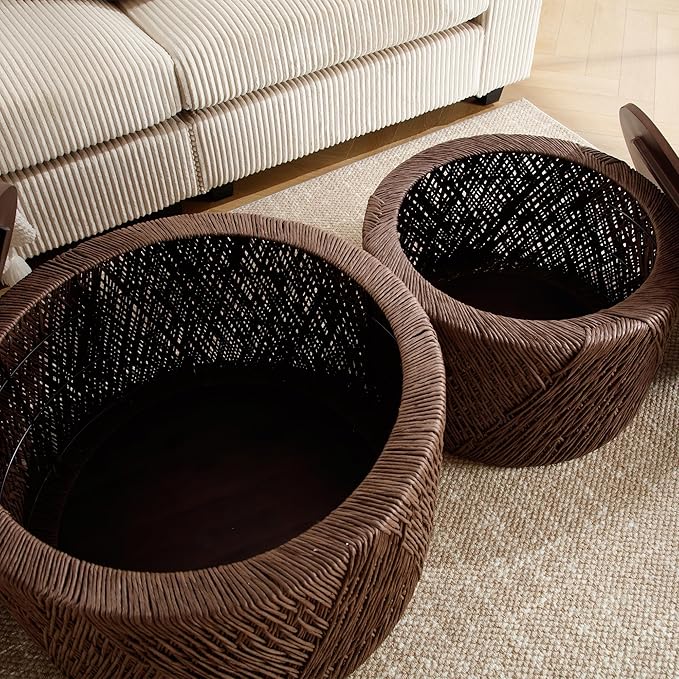 Large Farmhouse Round Coffee Table with Storage Boho Living Room Table Hand-Woven Rattan Nesting Coffee Tables for Living Room, Brown