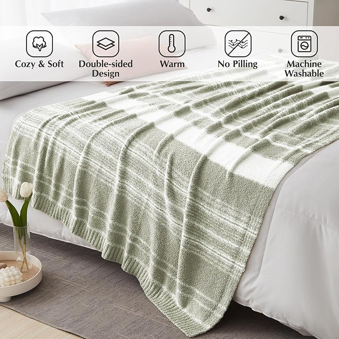 WRENGONGE Sage Green Throw Blanket, 50x70 Soft Cozy Striped Throw Blankets for Couch, Sofa, Bed, Travel, Lightweight Fluffy Warm Plush Decorative Blankets for Women, Men,Kids Gift