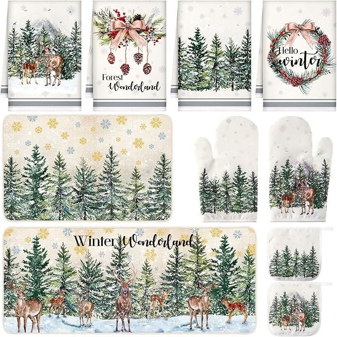 10 Pcs Christmas Kitchen Decor Set Kitchen Towels and Rugs Oven Mitts Pot Holders Absorbent Towels for Baking Cooking BBQ Gifts Home Decor(Khaki,Wonderland)