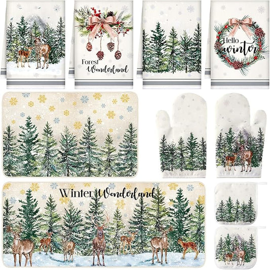 10 Pcs Christmas Kitchen Decor Set Kitchen Towels and Rugs Oven Mitts Pot Holders Absorbent Towels for Baking Cooking BBQ Gifts Home Decor(Khaki,Wonderland)