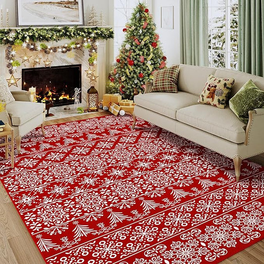 5x7 Area Rug Red Christmas Living Room Carpet Xmas Holiday Decor Bedroom Carpet Snowflake Washable Non Slip Kitchen Mat Indoor Decorative Throw Rug Entryway Dining Room Nursery Bathroom