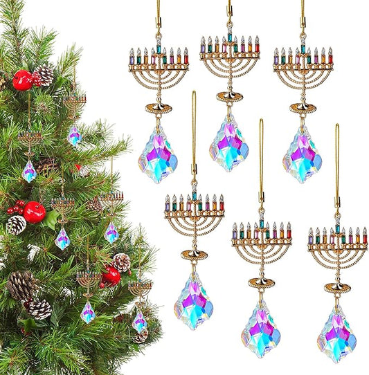 6 PCS Hanukkah Menorah Hanging Ornaments, Crystal Suncatchers for Christmas Tree, Halloween & Hanukkah Decor, Window Suncatchers & Gift