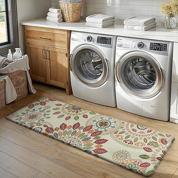 GENIMO Kitchen Mats for Floor 2PCS, Cushioned Kitchen Rugs Non Slip Washable, Farmhouse Anti Fatigue Mat Waterproof, Comfort Standing Mat Rug for Office, Home, Laundry, 17.3"x59"+17.3"x30", Beige&Red