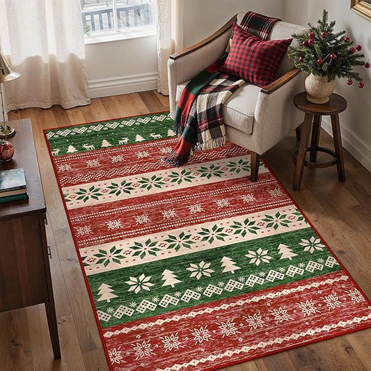 Christmas Red Area Rug 3x5 Washable Snowflake Holiday Decor Office Carpet Xmas Non Slip Decorative Low Pile Boho Mat for Bedroom Entrance Dining Room Kitchen