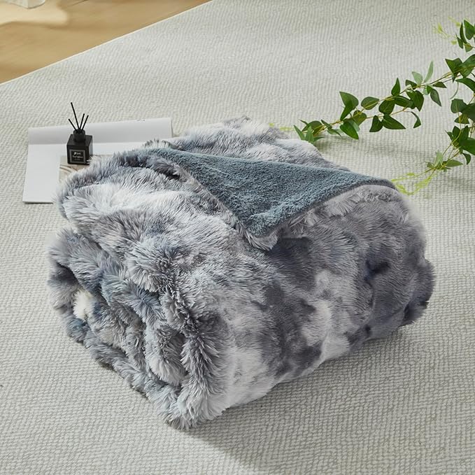 Faux Fur Throw Blanket for Couch Cozy Fuzzy Soft Plush Thick Fluffy Fleece Bubble Blanket for Sofa Bedroom Living Room, 63x79 Inches Tie-Dye Grey