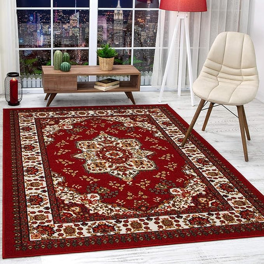 Antep Rugs Alfombras Oriental Traditional 5x7 Non-Skid (Non-Slip) Low Profile Pile Rubber Backing Indoor Area Rugs (Maroon, 5' x 7')