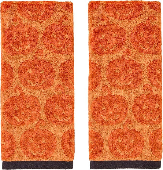 SKL Home Halloween Jack-O-Lantern 100% Cotton Jacquard 2pc Hand Towel Set, Reversible, Soft & Absorbent, Decorative for Bath/Kitchen/Bar & Gift, Orange