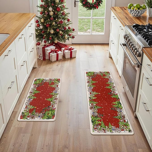 GENIMO Christmas Decorations - Kitchen Mats for Floor, 2PCS Christmas Kitchen Rugs, Cushioned Anti Fatigue Mat for Home Decor, Waterproof Non Slip Standing Mat for Laundry, 17.3"x47"+17.3"x30", Red