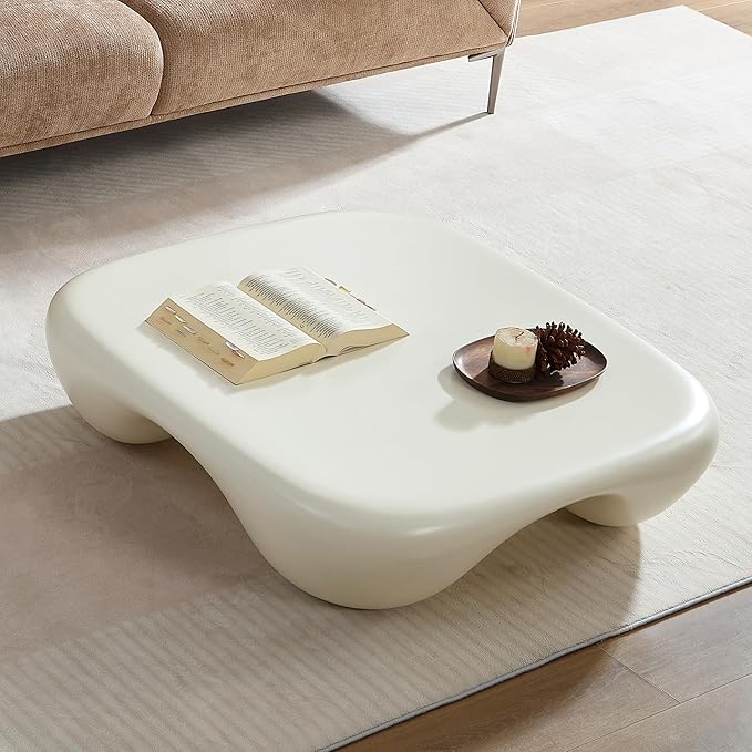 40" Cloud Modern Coffee Table with Curved Design, Fiberglass Minimalist Center Table, Contemporary Stone Accent Table for Living Room, Apartment, No Need Assembly