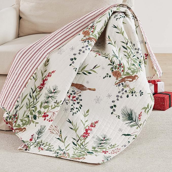 Levtex Home - Winterberry Forest Christmas Throw - Green, Red, Grey and Cream - Holiday Quilted Throw Size 50x60in. - Cotton/Polyester
