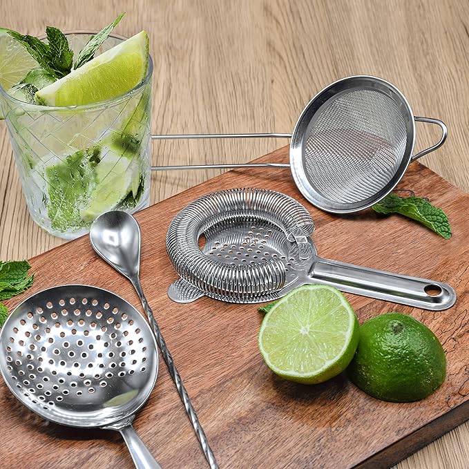 Cocktail Strainer Set Stainless Steel Bar Tools with Stirring Spoon - Hawthorne, Julep, & Fine-Mesh Sifter for Drinks