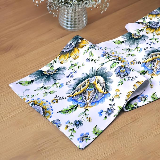 Decozen Table Runner - Japanese Print Floral Design Perfect for Kitchen Dining Room Home Decor Console Table Farmhouse - White