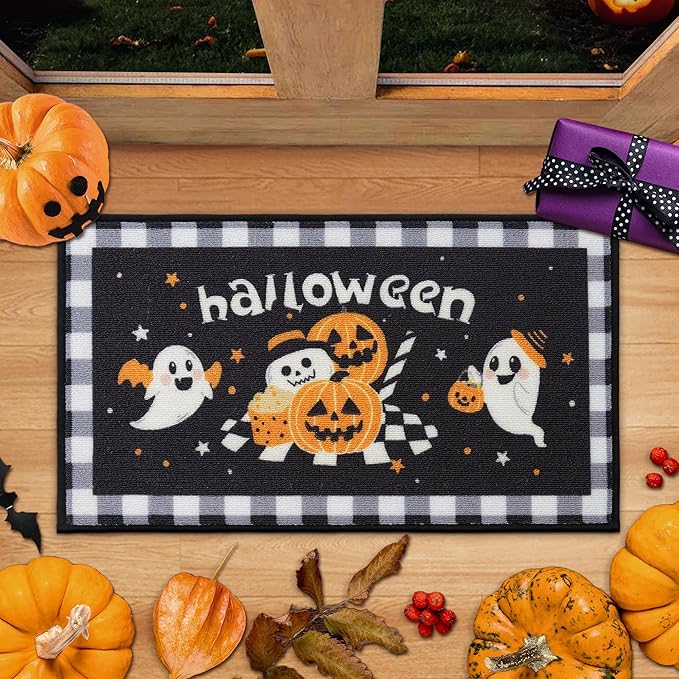 JSEI Halloween Holiday Doormat, 17''x30'' Non-Slip Ghost and Pumpkins Decorative Welcome Mats for Floor, Low-Profile Entryway Rugs Washable, Ghost and Pumpkins Pattern Black