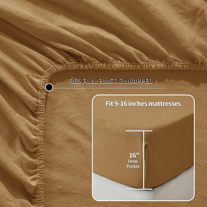 LBRO2M 100% Linen Sheet Set King Size,Bed Sheets 4 Piece Sets,Solid Color Natural Flax Bed Sheets Soft Breathable Bedding,16" Deep Pocket,All Season (King, Rust)