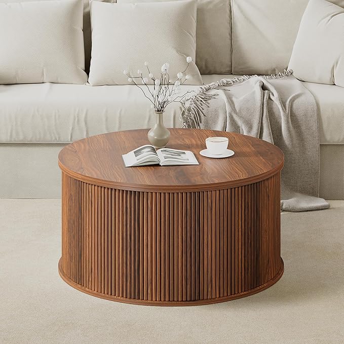 Lift Top Coffee Table, Fluted Round Coffee Table with Storage, Farmhouse Center Dining Table Circle Table for Living Room, Apartment, Home Office (Walnut)