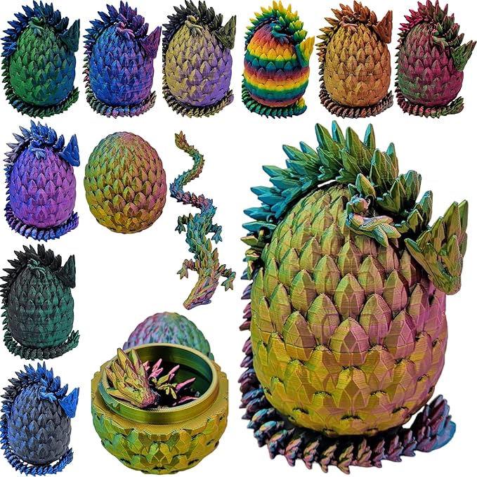 3D Printed Dragon Egg Articulating Gemstone Dragon Fidget Figurine - Vibrant Color Dragons Flexible ADHD, Autism and Anxiety Relief - Articulated Joints (Red Yellow Green)