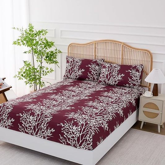 Spirit Linen home Twin Sheets Sets - Pure Microfiber 3 Piece Polyester Bed Sheets, Fitted Sheet & Pillow Cases - Twin Sheets for All Seasons (Foliage Burgundy/White, Twin/Twin XL)
