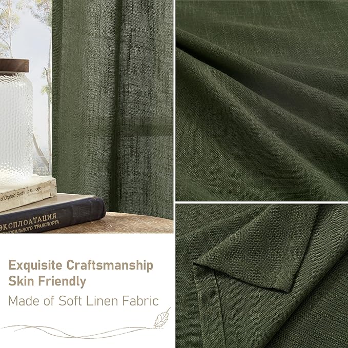 LAMIT Olive Green Semi Sheer Linen Curtains, Light Filtering Panels Back Tab and Rod Pocket Christmas Decor Drapes for Bedroom/Living Room, 2 Panels, 34 x 63 Inch