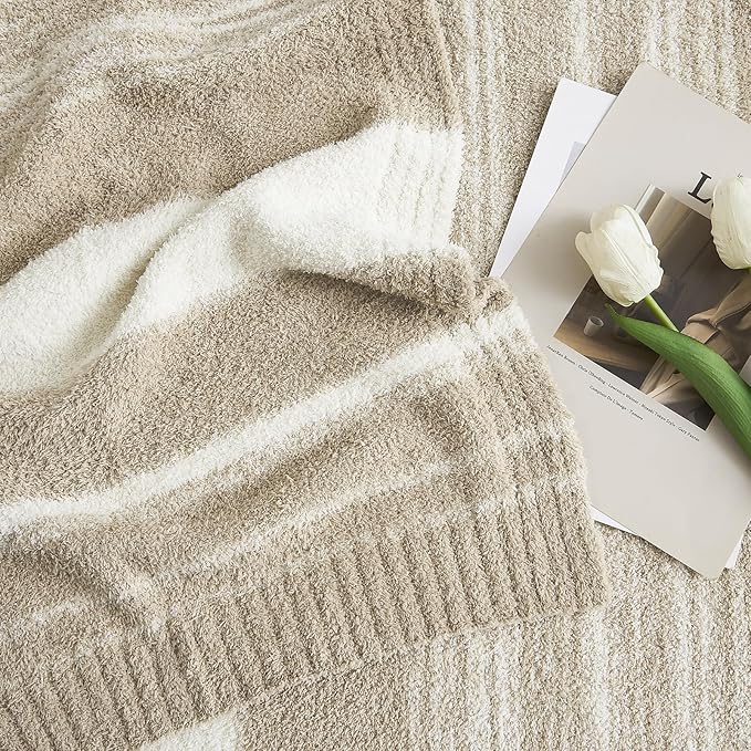 WRENGONGE Khaki Throw Blanket, 50x70 Soft Cozy Striped Throw Blankets for Couch, Sofa, Bed, Travel, Lightweight Fluffy Warm Plush Decorative Blankets for Women, Men,Kids Gift