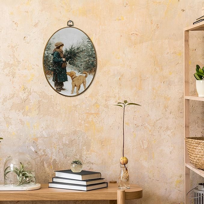 CUANFDDSF Rustic Winter Christmas Scene Oval Wall Art Decor, Winter Forest Girl and Lab Dog Wall Hanging Decor, Cozy Christmas Holiday Framed Canvas Prints for Home Bedroom Living Room, 8.6x11.4 Inch