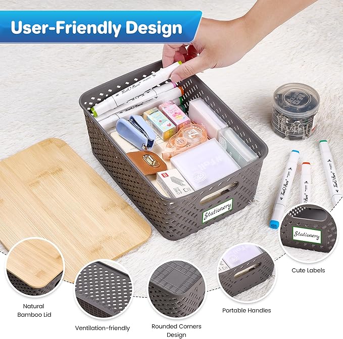 8 Packs Plastic Storage Bins with Bamboo Lids - Stackable Storage Bins Decorative Small Basket Containers for Organizing Shelves Office Classroom Desktop Closet, Grey