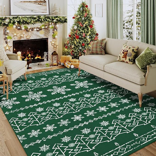 Christmas Green Area Rug 5x7 Washable Kitchen Carpet Xmas Snowflake Holiday Decor Indoor Throw Rug Decorative Living Room Non Slip Soft Low Pile Carpet Bedroom Dining Room Office Nursery