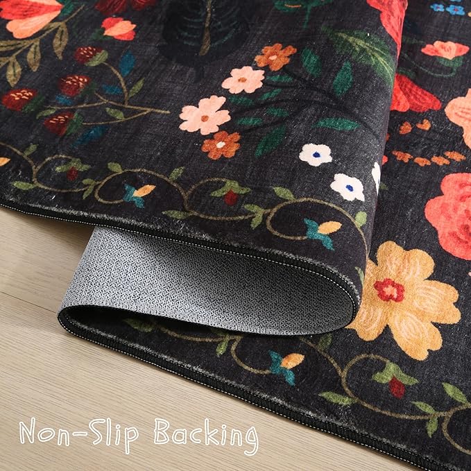 Rugcomf Runner Rug for Hallways Kitchen Rug Non Slip 2'6''x8' Washable Runner Rugs with Rubber Backing Soft Floral Carpet Runner for Hallways, Kitchen, Laundry, Bedroom, Bathroom(Black)